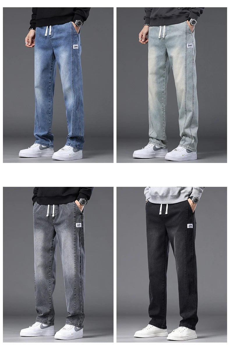 Autumn Winter Blue Jeans Men Drawstring Elastic Waist Cotton Cargo Denim Pants Work Fashion Thick Trousers Male Plus Size M-4XL