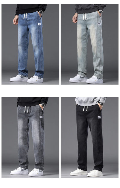 Autumn Winter Blue Jeans Men Drawstring Elastic Waist Cotton Cargo Denim Pants Work Fashion Thick Trousers Male Plus Size M-4XL