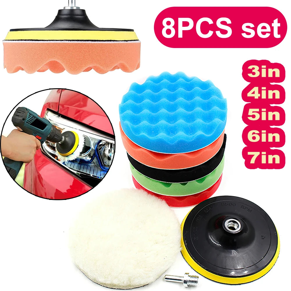 8Pcs 3-7Inch Foam Polishing Pad Set Thread Buffing Disc with Drill Adaptor for Auto Car Polisher Detailing Power Tools