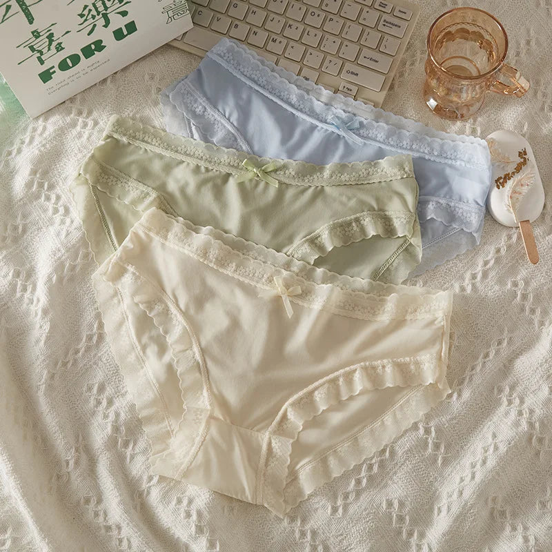 4 PCS/PACK Solid Color Women's Panties Mid-Waist Breathable Comfort Sexy Antibacterial Lace Innerwear