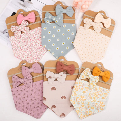 3Pcs/Set Muslin Cotton Print Bib Newborn Bows Headband Triangle Saliva Towel Infant Boy Girl Feeding Burp Baby Hair Accessories