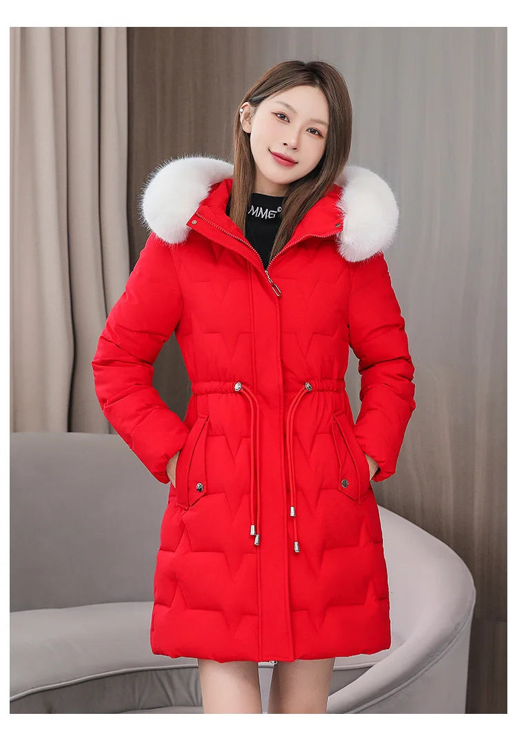 Hooded Women Parkas Coats Mid LenthJackets  Oversize Solid Fur Collar Zipper Drawstring Waist Loose Casual 2025 Autumn Winter