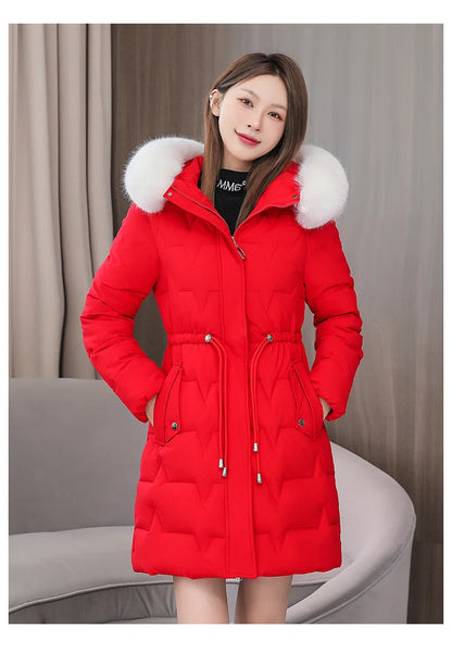 Hooded Women Parkas Coats Mid LenthJackets  Oversize Solid Fur Collar Zipper Drawstring Waist Loose Casual 2025 Autumn Winter