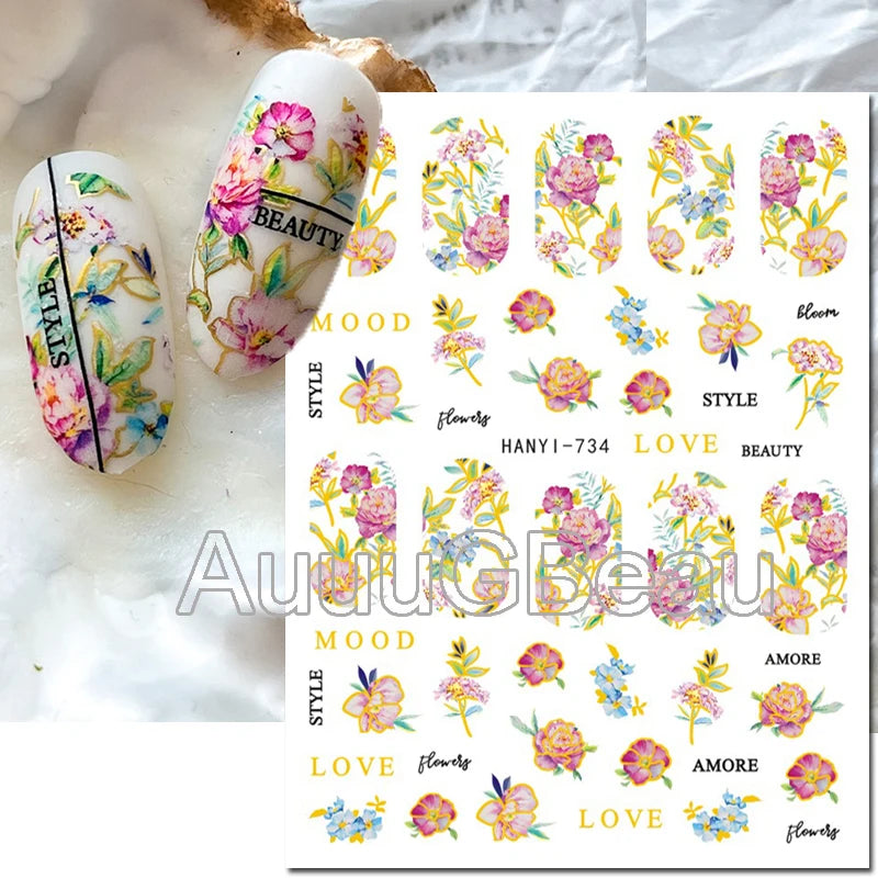 3d Nails Art Decals Spring Fruits Pink Full Tips Peony Magnolia Flowers Adhesive Sliders Stickers Decoration For Nails Manicure
