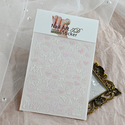 1pcs 5D White Lace Bowknot Nail Art Sticker Sweet Pearl  Bow Ribbon Self-Adhesive Nail Slider DIY Luxury Nail Decorations Decals
