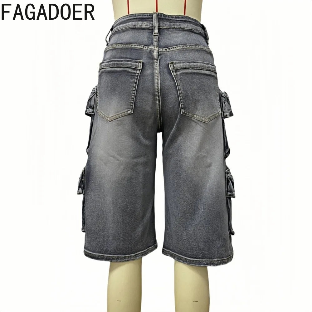 FAGADOER Fashion Straight Washed Denim Woman Solid Color Cargo Pants Patchwork Jeans Trousers Female Y2k Streetwear Bottoms New