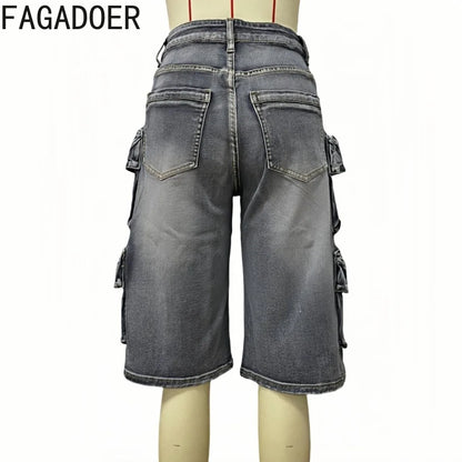 FAGADOER Fashion Straight Washed Denim Woman Solid Color Cargo Pants Patchwork Jeans Trousers Female Y2k Streetwear Bottoms New
