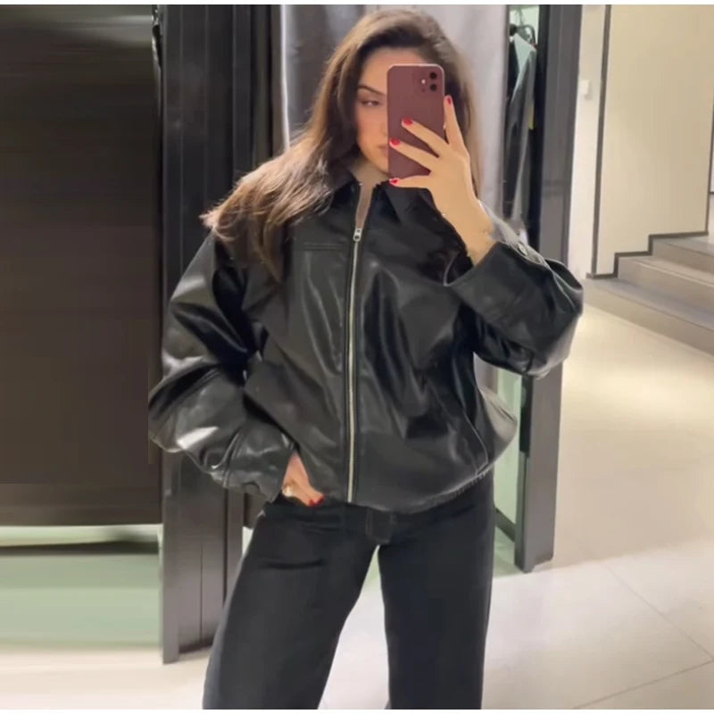 Street Women's Belt Leather Jackets Loose Lapel Zipper Long Sleeve Pockets Female Coats 2026 Autumn Lady Fashion Y2k Outwear