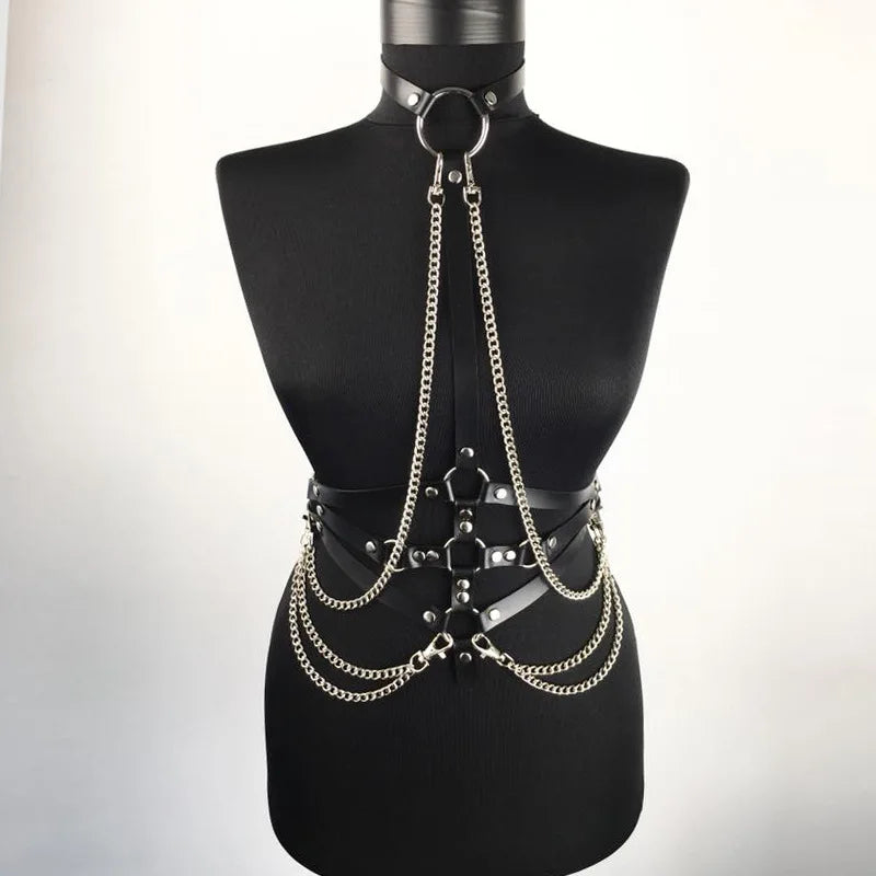 Bondage Flirt Toys Leather Clothes Shiny Leather New Metal Chain Stage Performance Clothes Erotic Supplies BDSM