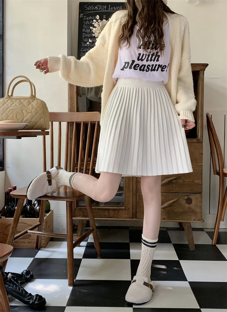 White Knitted Pleated Skirt Women Autumn Winter 2025 New High Waist Mini Skirt Lady's Fashion Korean Solid Women's Short Skirts