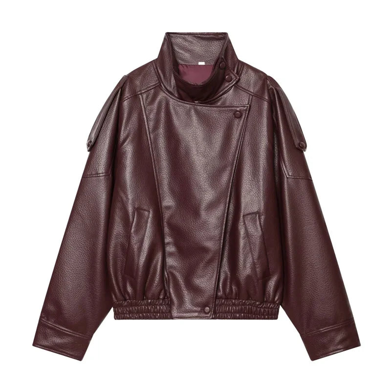 Women's Faux Leather Jacket 2025 New Fashion Autumn Black Long Sleeve Pebble Jacket Motorcycle Style Personality Ladies Jacket