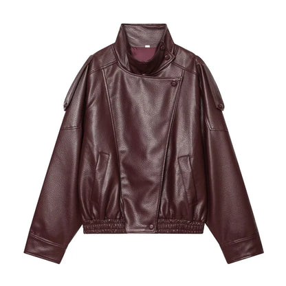 Women's Faux Leather Jacket 2025 New Fashion Autumn Black Long Sleeve Pebble Jacket Motorcycle Style Personality Ladies Jacket