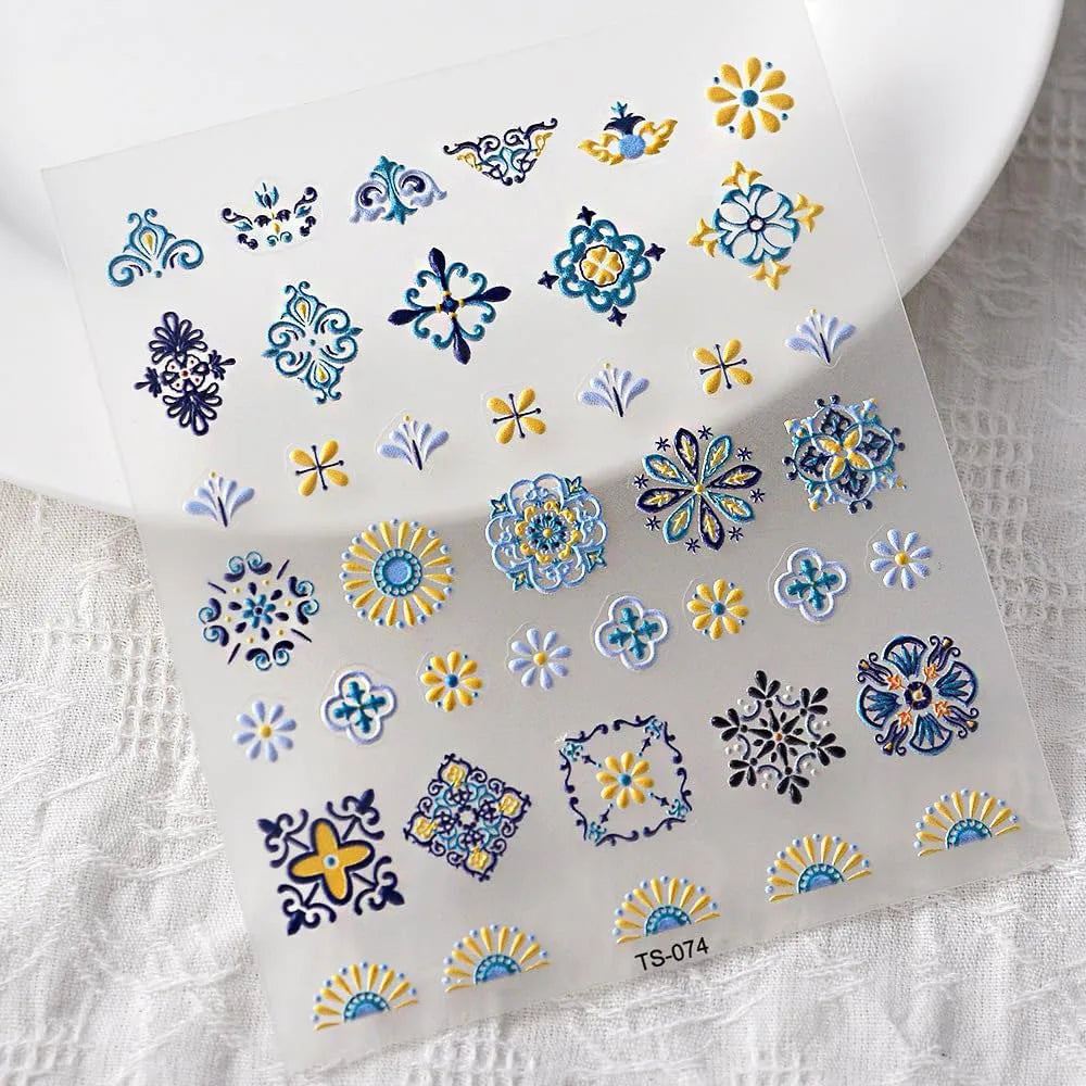1PC Bohemia Nail Art Stickers 5D Bohemia Nail Sticker Decal Abstract Design Retro Blue Yellow Flower Self Adhesive Nail Supplies