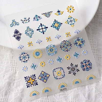 1PC Bohemia Nail Art Stickers 5D Bohemia Nail Sticker Decal Abstract Design Retro Blue Yellow Flower Self Adhesive Nail Supplies