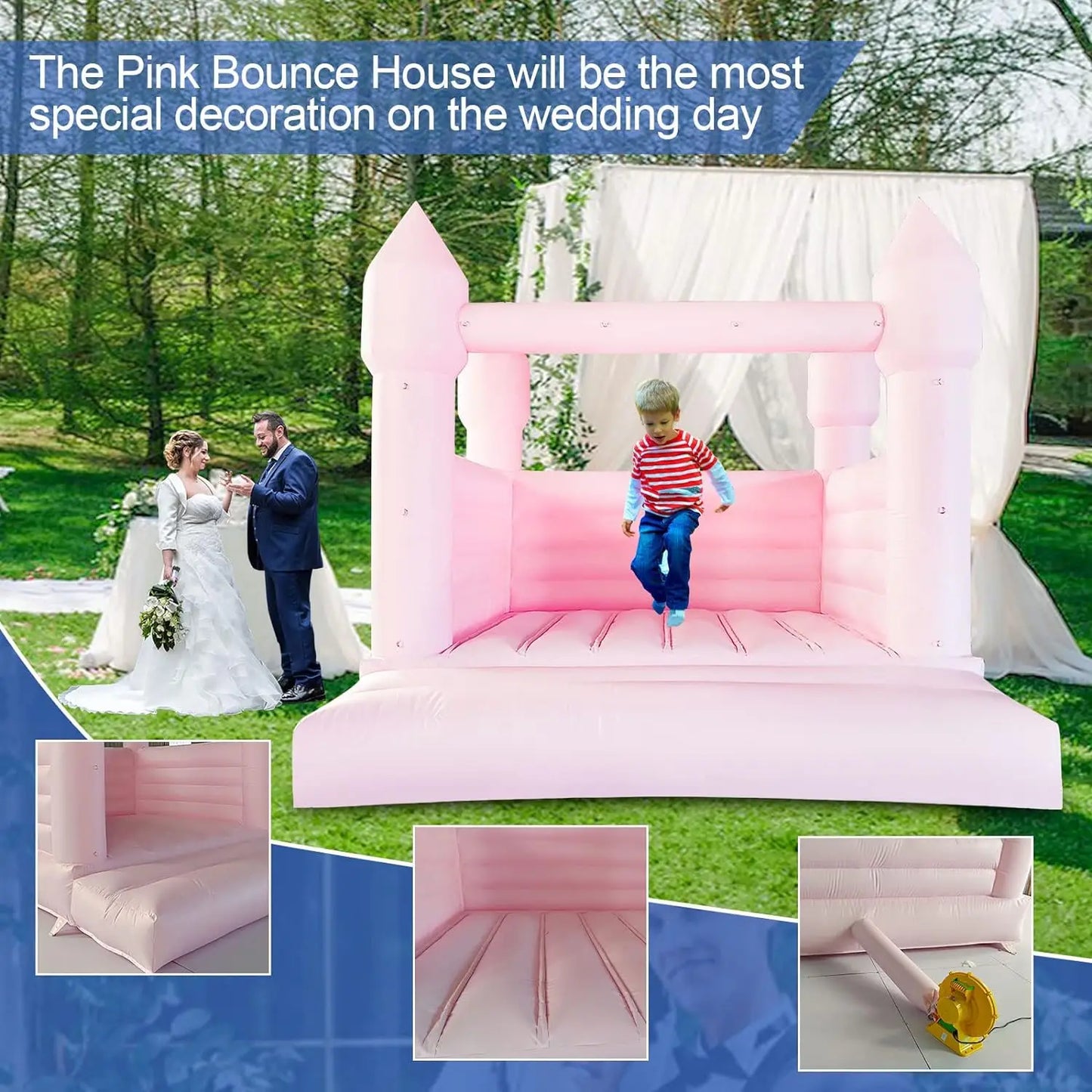Commercial Pink Inflatable Bounce House Castle with Air Blower White Jumper Wedding Bouncy Castle with Canopy Covering
