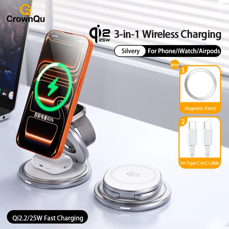 Protable 25W Metal Wireless Charger Qi2.2 Fast Charging Station Stand 360° Rotation for iPhone 17 16 15 14 Pro Max Watch Airpods