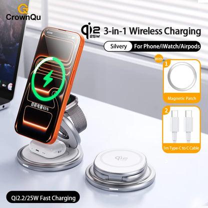 Protable 25W Metal Wireless Charger Qi2.2 Fast Charging Station Stand 360° Rotation for iPhone 17 16 15 14 Pro Max Watch Airpods