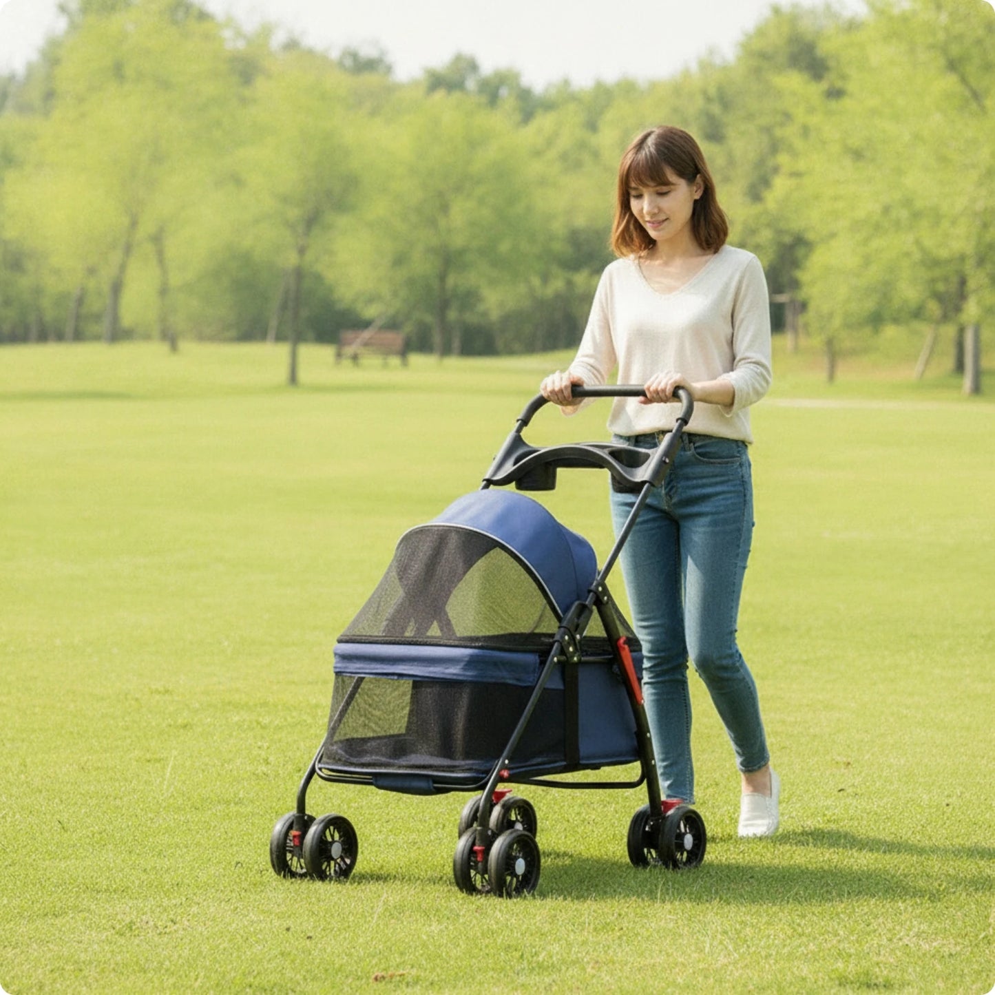 Pet Stroller with Storage Basket 4-Wheel Foldable Pet Stroller Collapsible Breathable for Small Dogs, Outdoor Walks, Travel