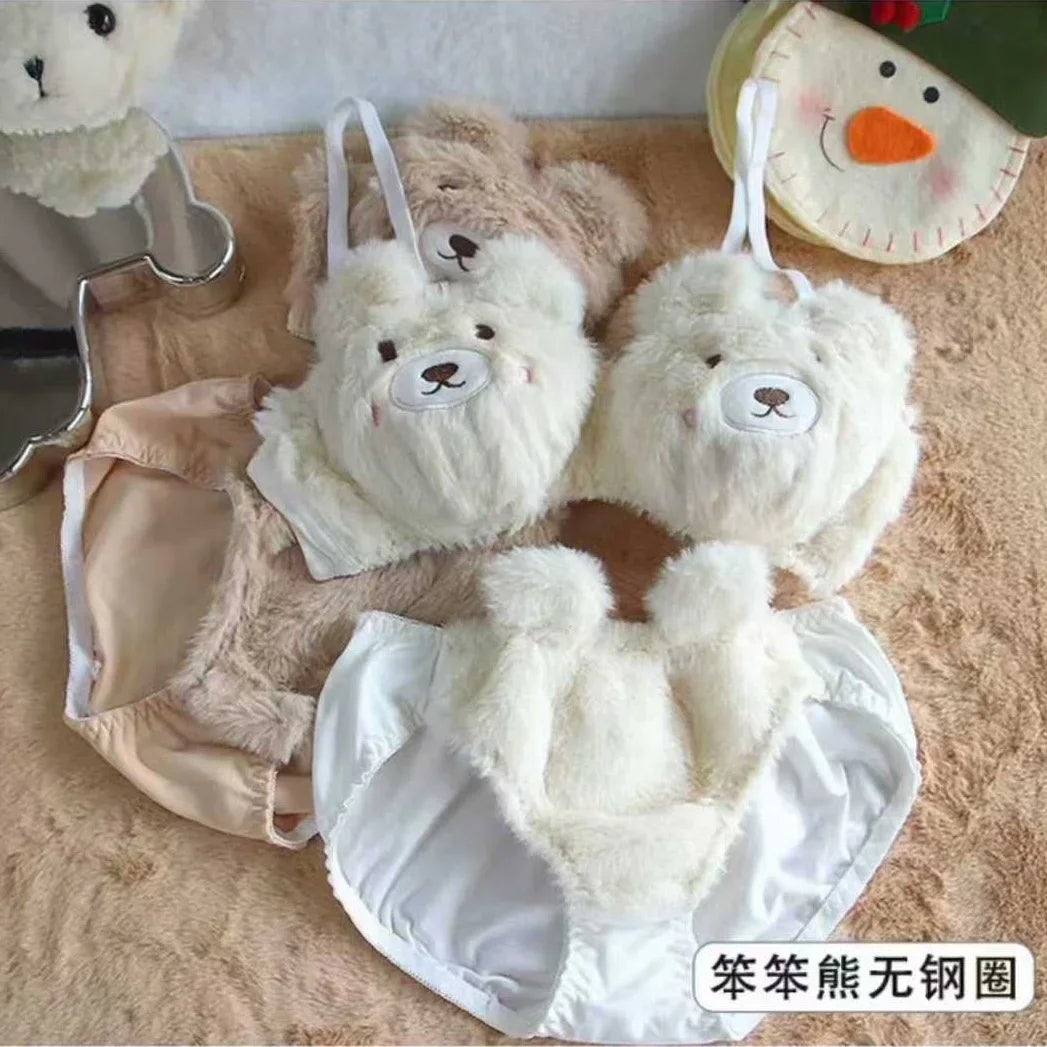 Soft and Cute Bear Japanese-style Lingerie for Women, Autumn and Winter Cartoon Plush Comfortable and Adorable Girl Bra
