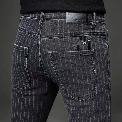 Men's Striped Slim Stylish Casual Pencil Pants Jeans Spring Autumn Korean Trendy Fashion Brand New Elastic Striped Long Trousers