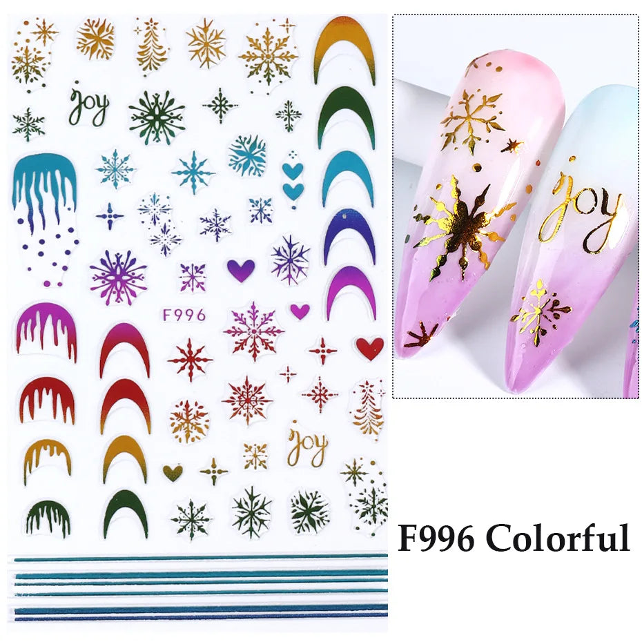 1PCS New Christmas Decorations 2023 New Year Nail Stickers Press on Nails Laser Snowflake Christmas Tree 3D Nail Decal
