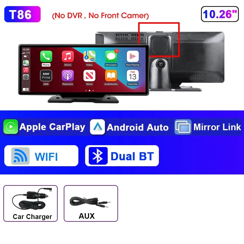 Srnubi 10.26 inch 4K ADAS Car DVR with 360° Rotation Dash Cam Wireless Carplay Android Auto Mirror Link BT WIFI AUX FM Dashboard