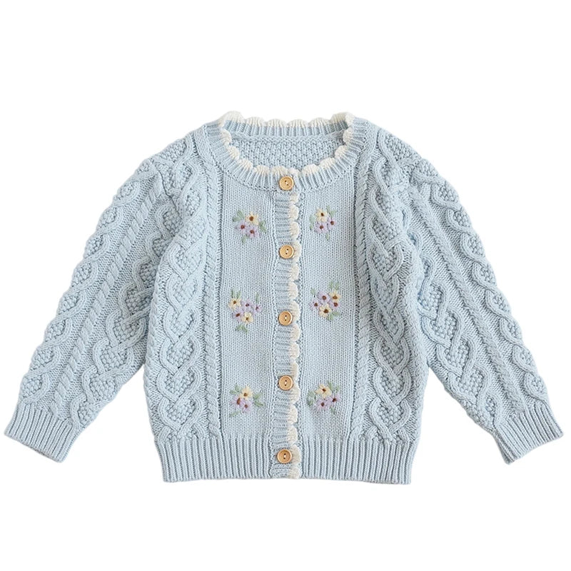 Baby Girls Embroidery Sweater Cardigan Autumn Fashion Cotton Floral Collar Kids Knitted Cardigan Rabbit Coat Outerwear Korean