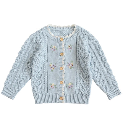 Baby Girls Embroidery Sweater Cardigan Autumn Fashion Cotton Floral Collar Kids Knitted Cardigan Rabbit Coat Outerwear Korean