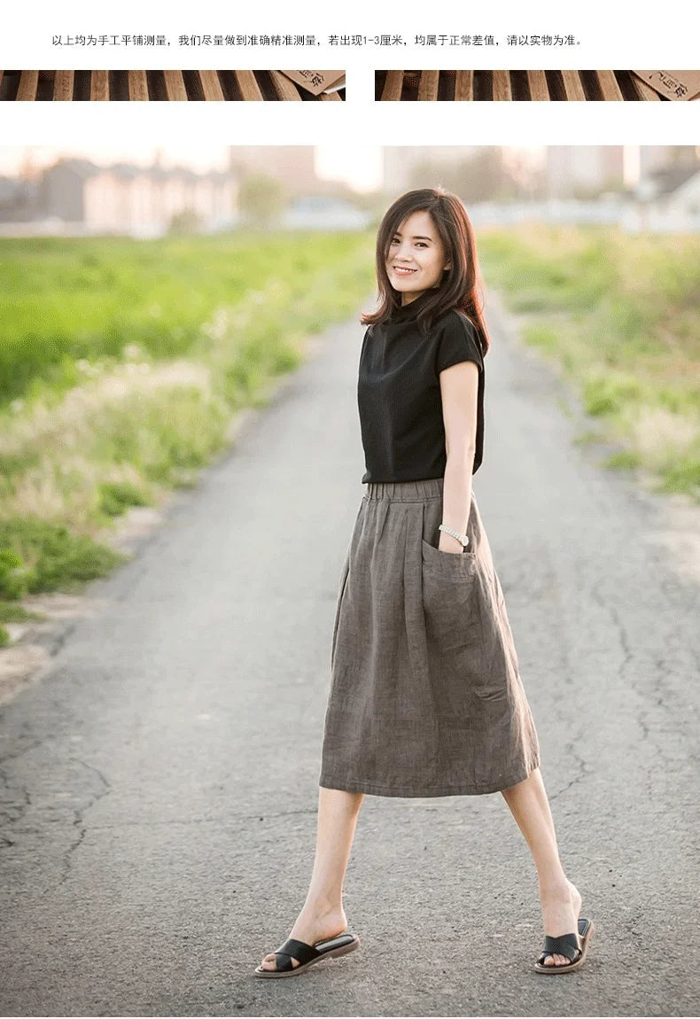 New Cotton and Hemp Half Length Skirt for Women in Summer, A-line Medium Length Skirt, High Waist, Loose Elastic Waist Skirt