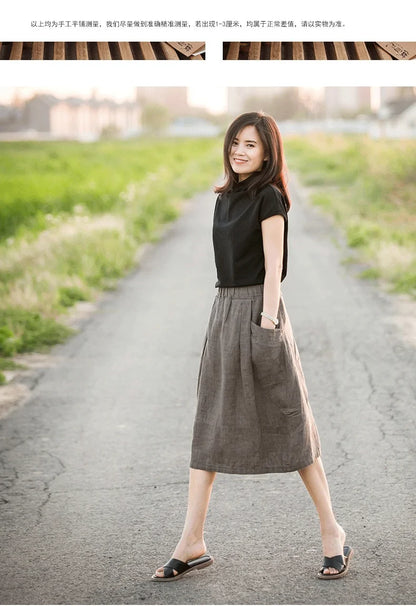 New Cotton and Hemp Half Length Skirt for Women in Summer, A-line Medium Length Skirt, High Waist, Loose Elastic Waist Skirt