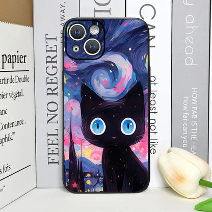 Artistic Black Cat Starry Night Phone Case For iPhone 17 16 15 14 13 12 Pro Max Mini 7 8 SE Plus Couple Cover Soft Shell Fundas