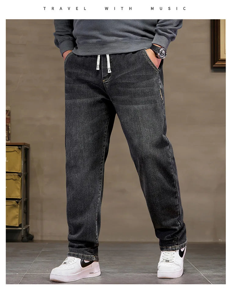 Extra Big Size Jeans Men High Elastic Waist Baggy Denim Pant Male Plus Large Loose Slim Fit Cowboy Trouser 8XL 6XL Classic Black