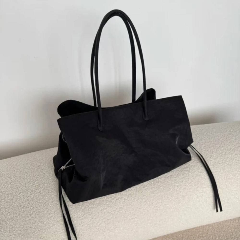 Women's Solid Black Cool Tote Bag 2025 New Fashion Simple Nylon Large Capacity Commuter Double Zipper Compartment HandBags