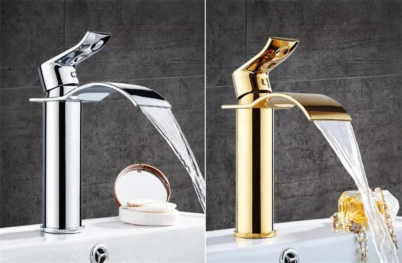 Basin Faucet Gold and White Waterfall Faucet Brass Bathroom Faucet Bathroom Basin Faucet Mixer Tap Hot and Cold Sink Faucet