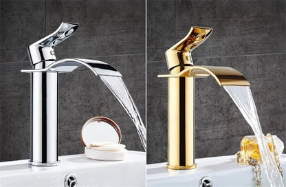 Basin Faucet Gold and White Waterfall Faucet Brass Bathroom Faucet Bathroom Basin Faucet Mixer Tap Hot and Cold Sink Faucet