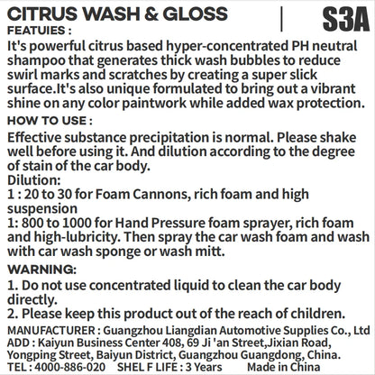 Citrus Wash & Gloss Foaming Car Wash Soap(Works with Foam Cannons/Guns or Bucket Washes)Safe for Cars,Trucks,Motorcycles,RVs