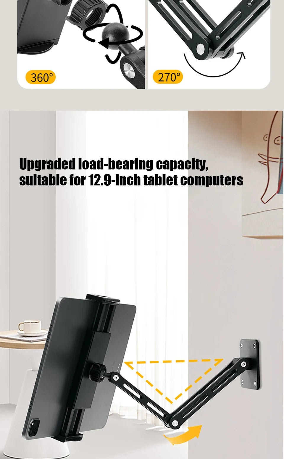 Adjustable Tablet Wall Mount Phone Stand Long Arm 360 Degree Rotatable Cantilever Desk Bed Holder for 4.7-12.9 inch Support iPad