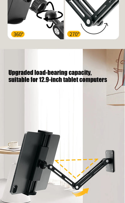 Adjustable Tablet Wall Mount Phone Stand Long Arm 360 Degree Rotatable Cantilever Desk Bed Holder for 4.7-12.9 inch Support iPad