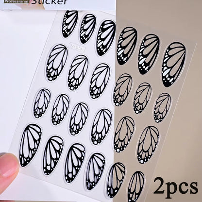 2Sheets French Gradient Line Nail Art Stickers 3D Self-Adhesive White+Black Slider Design Stencil Manicure Guides DIY Nail Decor