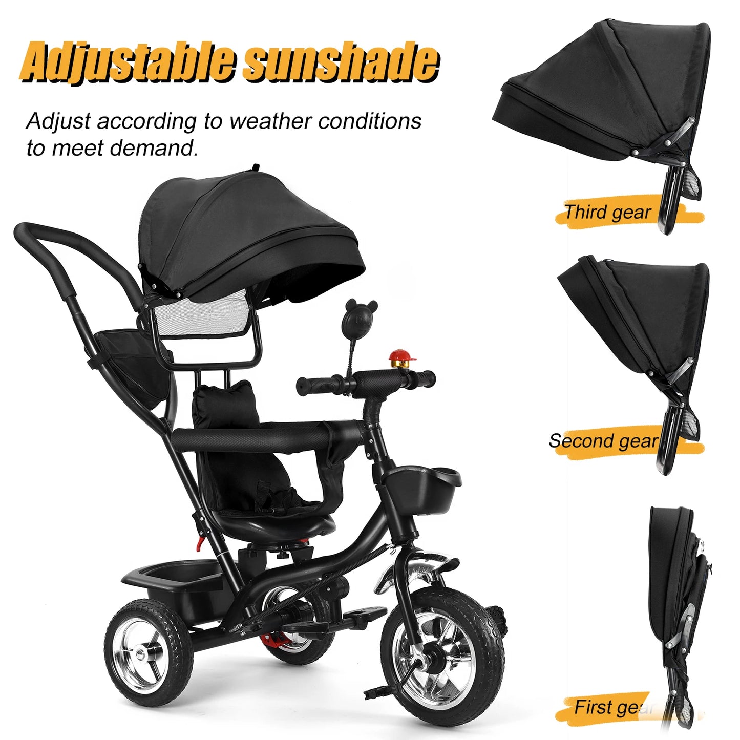 Baby scalable Tricycle 1 to 5 years, bike for elderly plus children, reversible seat, large basket and bag, larger wheels, with thrust handle, green/pink/black/red/blue/gray