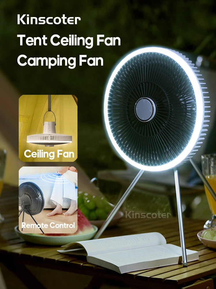 KINSCOTER 10000mAh Outdoor Camping Fan, 11inch Large Ceiling Fan with LED Lighting, Multifunction Air Circulator Cooler Fan
