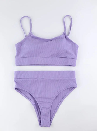 Cikini-Solid High Waist Bikinis Set for Women, Small Pit Stripe Swimsuit, Summer Beach Swimwear, Bathing Suit