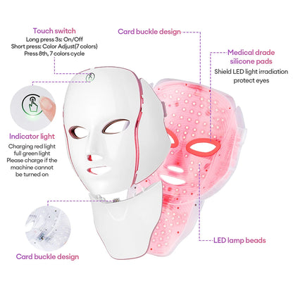 LED Facial Mask with 7 Colors Light Wireless LED Face Mask Neck Care Beauty Mask Skin Care Machine