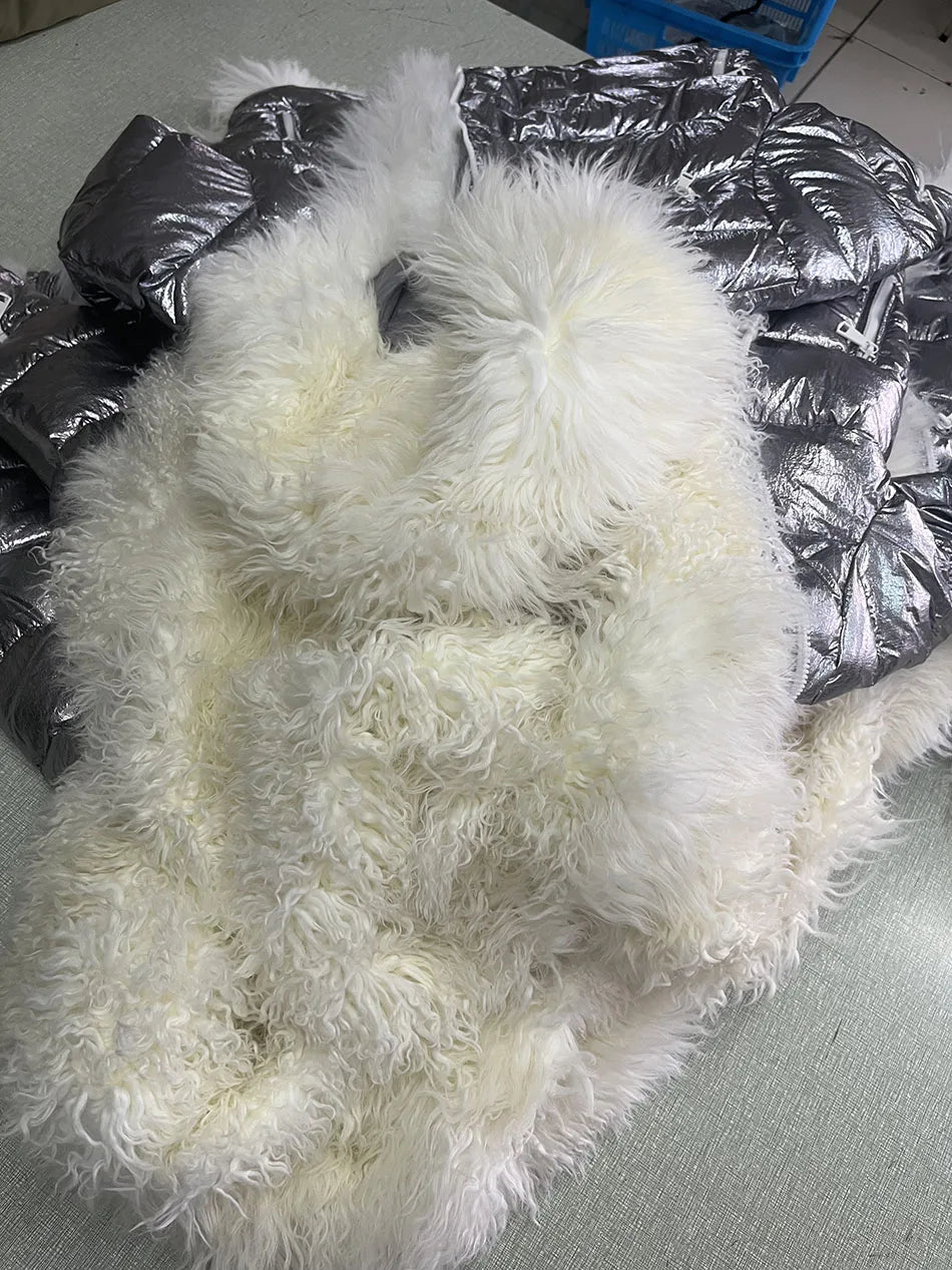 Maomaokong 2023 Women Winter Natural Real Fur Collar Thick White Duck Down Jacket Luxury Female Clothes Outerwear Puffer Coat