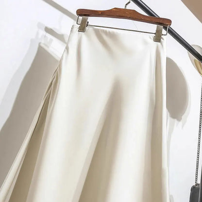 Botvotee Elegant Satin Long Skirt for Women Spring Summer 2025 Office Ladies Korean Style Loose Elastic Band Midi Skirts