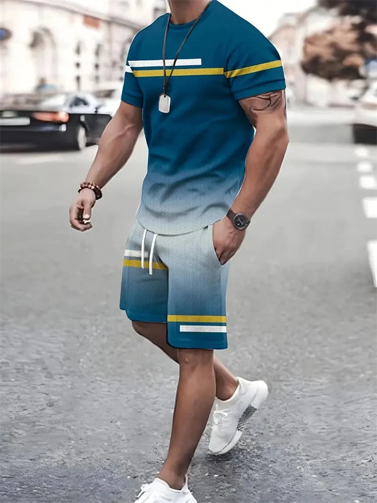 Summer Men's Stripe Print Short Sleeve Tee Elastic waist Shorts 2 Pieces Set Plus Size Loose O-Neck T-shirt Pockets Shorts Set