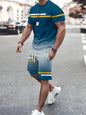 Summer Men's Stripe Print Short Sleeve Tee Elastic waist Shorts 2 Pieces Set Plus Size Loose O-Neck T-shirt Pockets Shorts Set