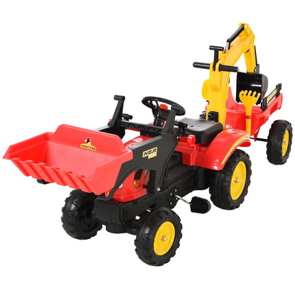 Pedal tractor with detachable pendant & adjustable excavator shovel for children from 3 years old, 35kg red