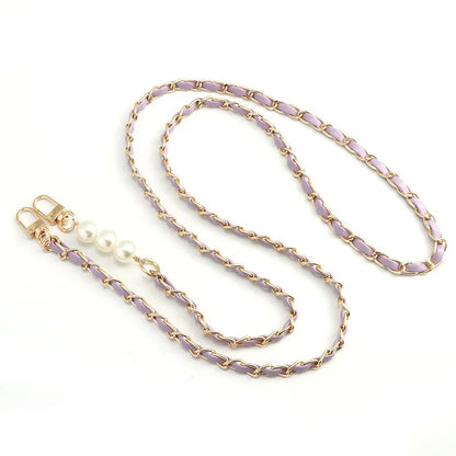 Pearl Leather Chain Mobile Phone Strap Long Crossbody Anti-Loss Shoulder Cord with Metal Pendant for Women