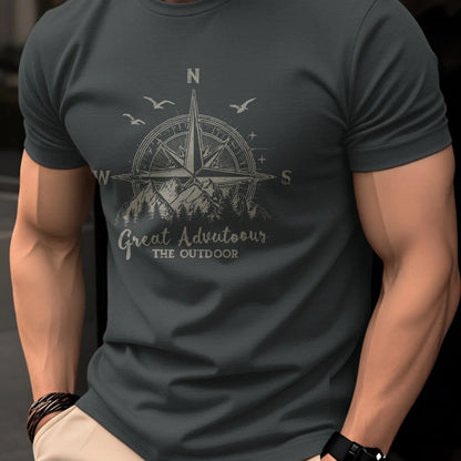 Summer men's 100% pure cotton casual fashionable loose retro compass mountain pattern printed round neck short sleeved T-shirt